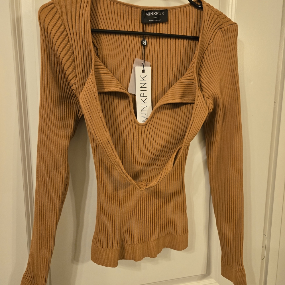 MINKPINK Ribbed Knit Sweater in Tan